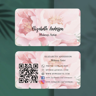 Pink florals roses QR code Business Card