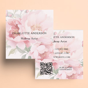 Pink florals roses QR code Square Business Card