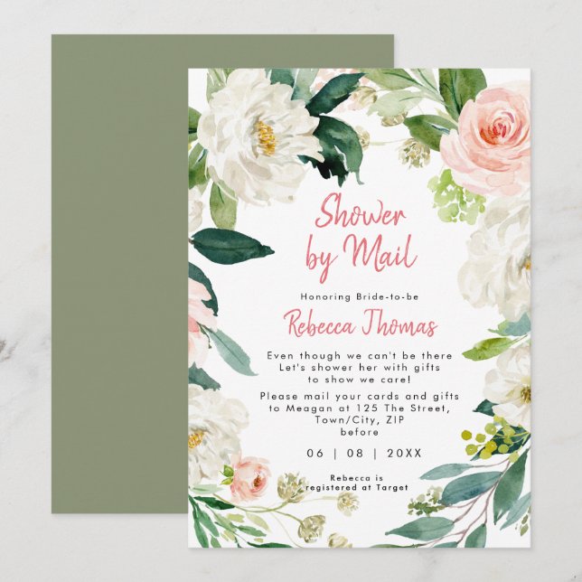 pink florals shower by mail afar bridal shower invitation (Front/Back)