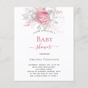 Pink florals silver baby shower budget invitation