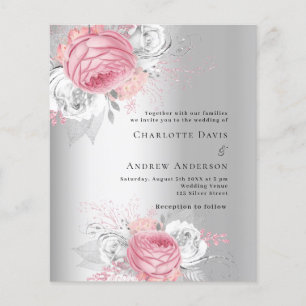 Pink florals silver budget wedding invitation