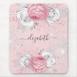 Pink florals silver monogram script mouse mat