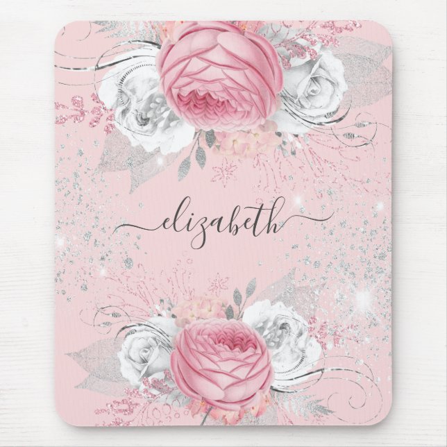 Pink florals silver monogram script mouse mat (Front)