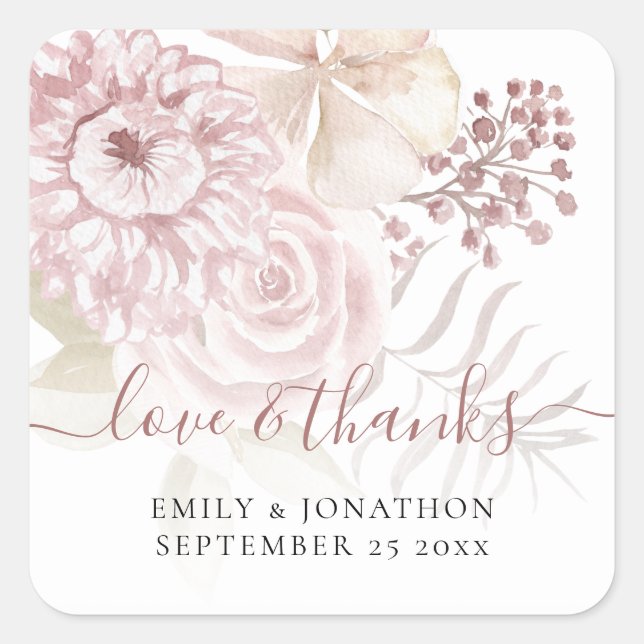 Pink Florals Thank You Names Date Wedding Square Sticker (Front)