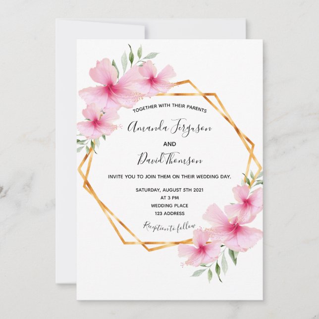 Pink florals white gold geometric wedding invitation (Front)