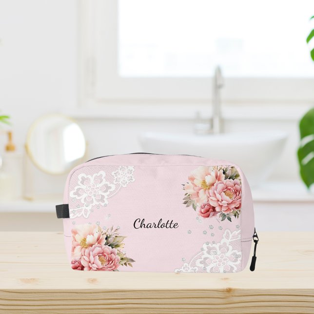 Pink florals white lace dopp kit (Creator Uploaded)