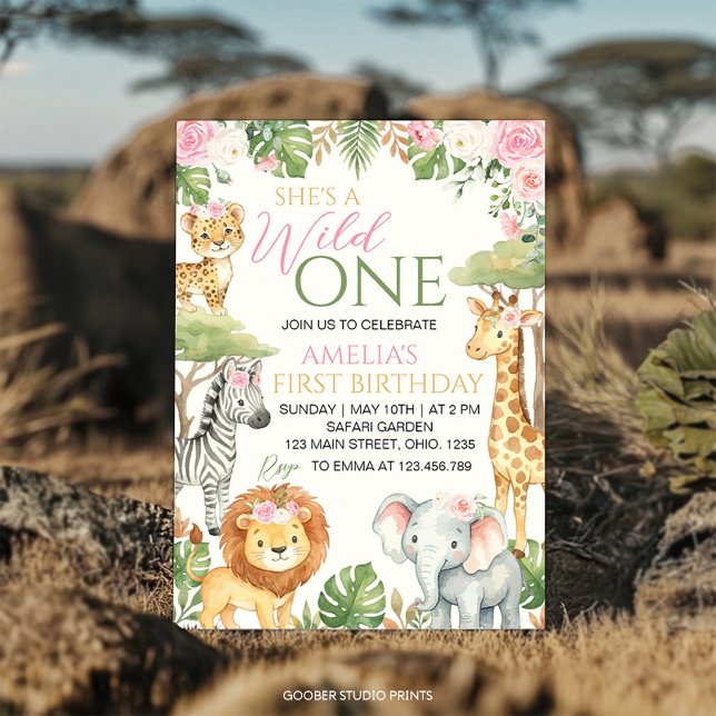 Pink Florals Wild One Jungle Animals Birthday Invitation (Creator Uploaded)