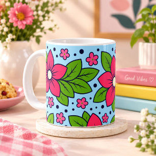 Pink Florals with Bold Petals and Green Leaves Coffee Mug