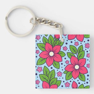 Pink Florals with Bold Petals and Green Leaves Key Ring