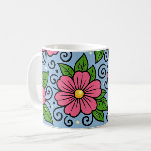 Pink Florals with Green Leaves and Curved Details Coffee Mug
