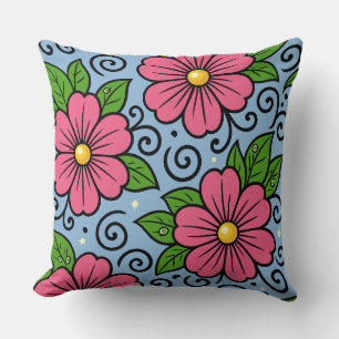Pink Florals with Green Leaves and Curved Details Cushion