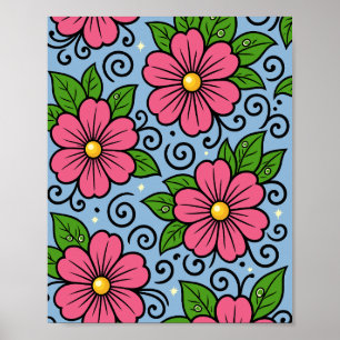 Pink Florals with Green Leaves and Curved Details Poster