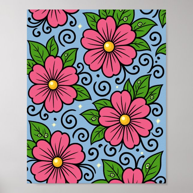 Pink Florals with Green Leaves and Curved Details Poster (Front)