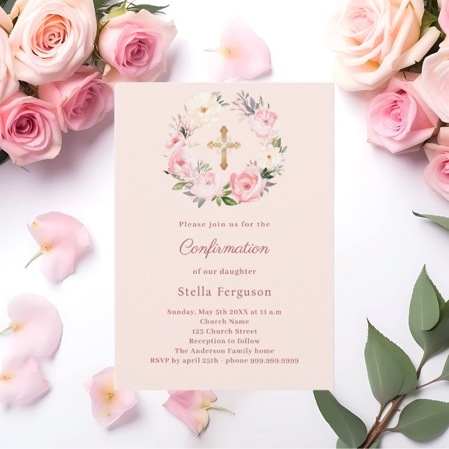 Pink florals wreath cross Confirmation Invitation (Creator Uploaded)