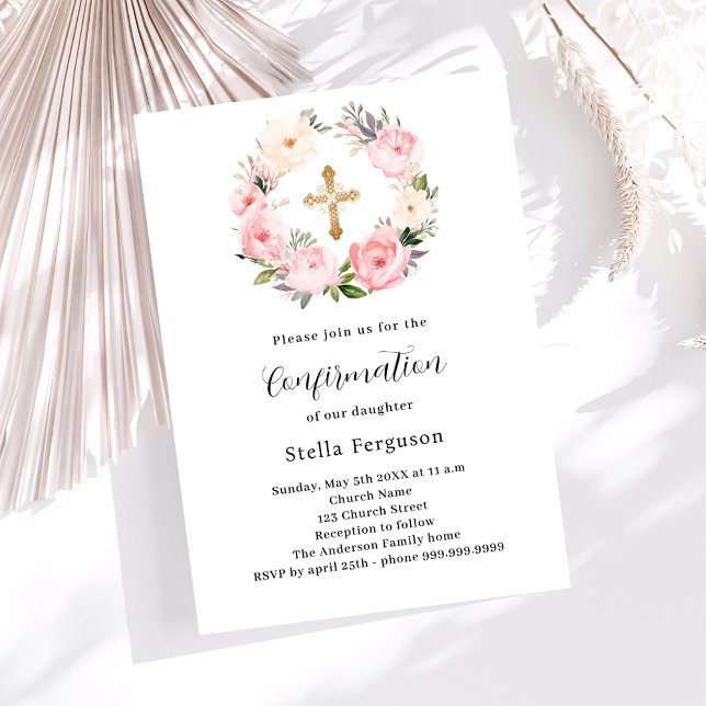 Pink florals wreath cross girl Confirmation Invitation (Creator Uploaded)