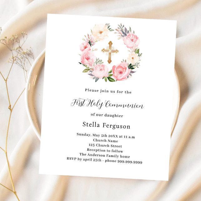 Pink florals wreath First Communion invitation (Creator Uploaded)