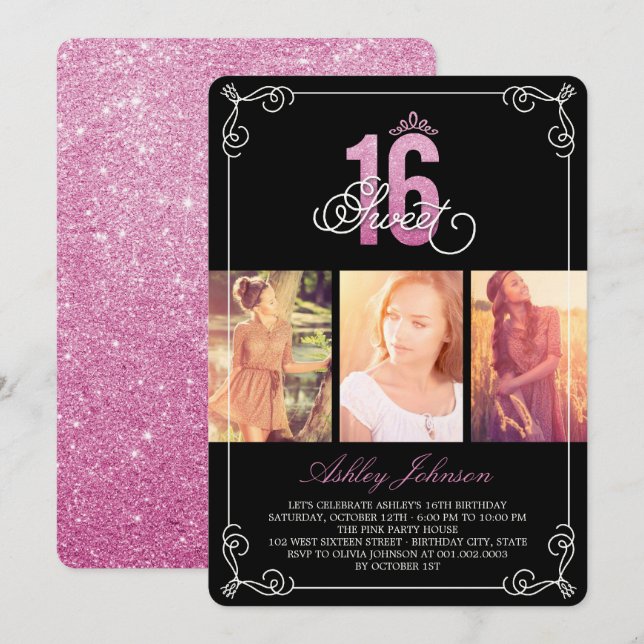 Pink Flourish Glam Sweet 16 Photo Birthday Party Invitation (Front/Back)