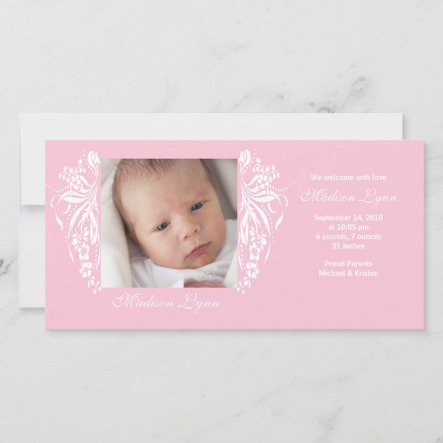 Pink Flourish New Baby Birth Annoucement Announcement (Front)