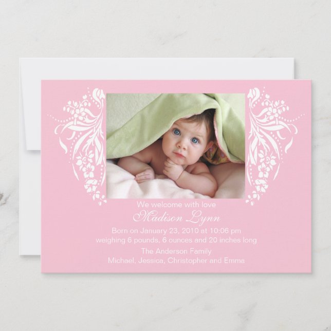Pink Flourish New Baby Birth Annoucement Invitation (Front)