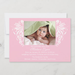 Pink Flourish New Baby Birth Annoucement Invitation