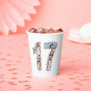 Pink Flower 17th Birthday Girl Photo Collage White Paper Cups