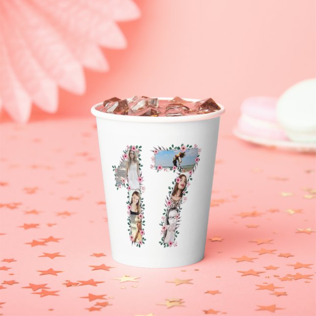 Pink Flower 17th Birthday Girl Photo Collage White Paper Cups (Insitu)