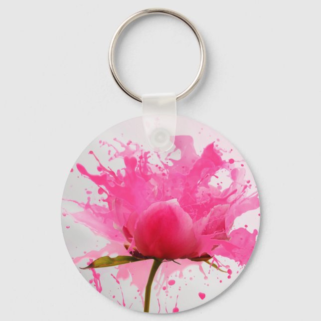 Pink Flower Abstract Paint Splatter Key Ring (Front)