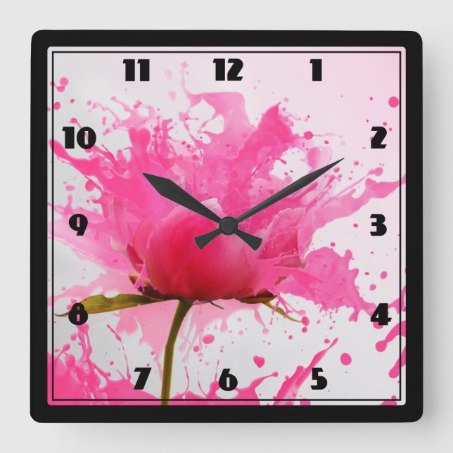 Pink Flower Abstract Paint Splatter Square Wall Clock (Front)