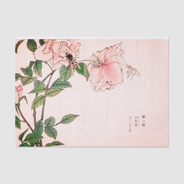 PINK FLOWER AND BEE JAPANESE PRINT Tissue Paper (Front)