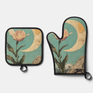 Pink Flower and Crescent Moon Oven Mitt & Pot Holder Set