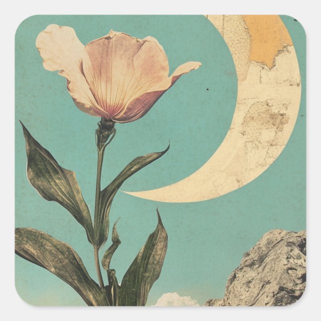 Pink Flower and Crescent Moon Square Sticker (Front)