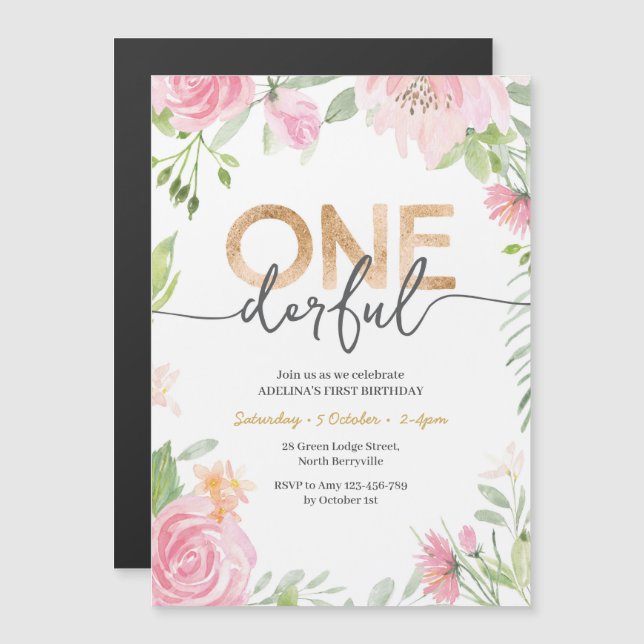 Pink flower and gold ONEderful birthday Invitation (Front/Back)