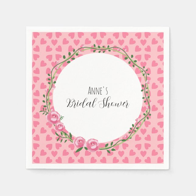 Pink flower and heart bridal shower Paper Napkin (Front)