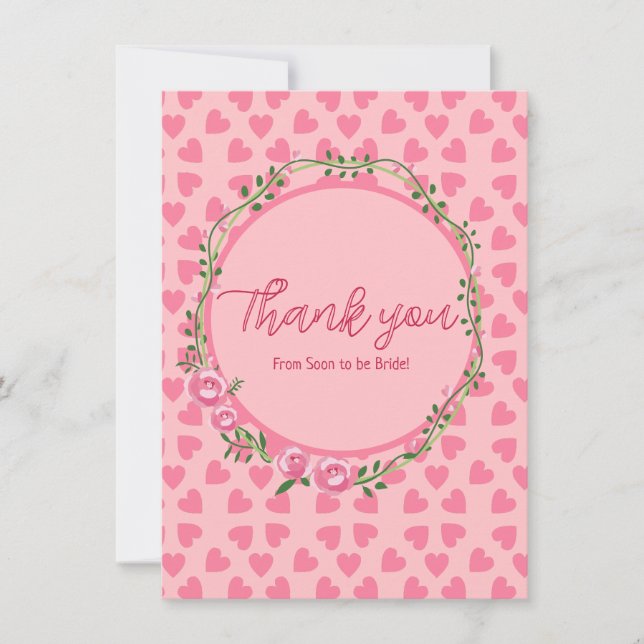 Pink flower and heart bridal shower Thank you card (Front)