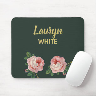 Pink flower and leaves on dark green mouse mat