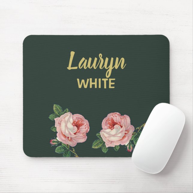 Pink flower and leaves on dark green mouse mat (With Mouse)