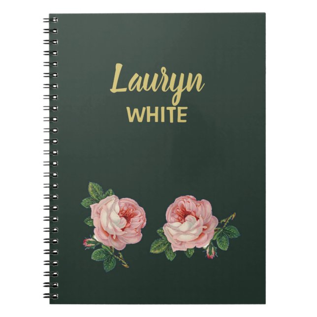 Pink flower and leaves on dark green notebook (Front)