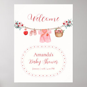 Pink Flower Apple Clothesline Baby Shower Welcome Poster