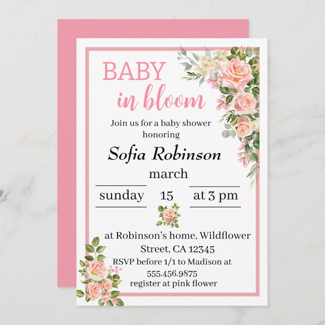 pink flower baby in bloom  girl baby shower invitation (Creator Uploaded)