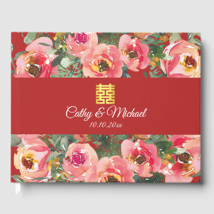 Pink flower background double happiness symbol guest book