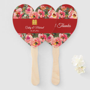 Pink flower background double happiness symbol hand fan