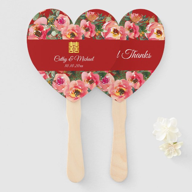 Pink flower background double happiness symbol hand fan (Front and Back)