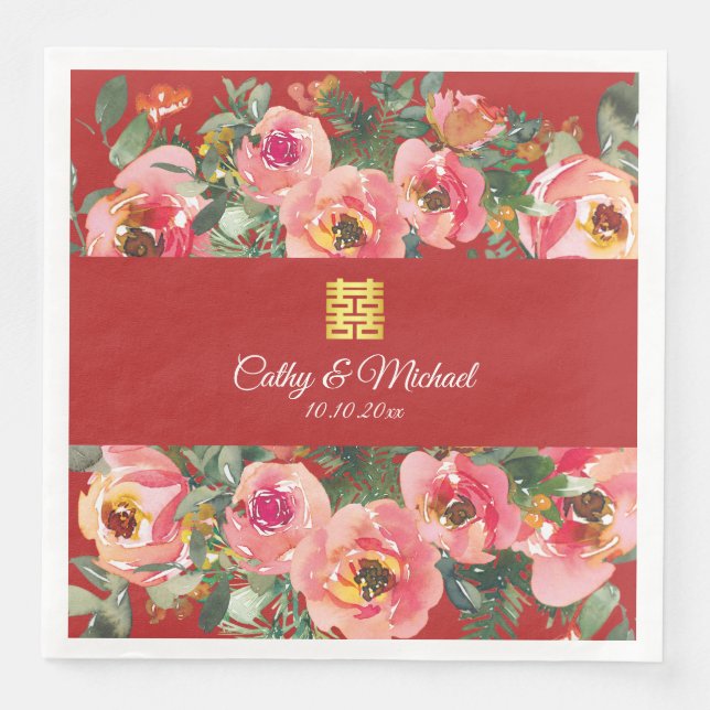 Pink flower background double happiness symbol napkin (Front)