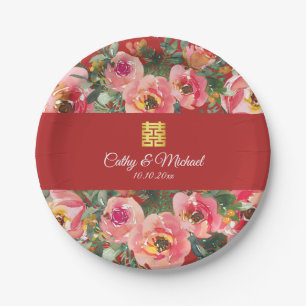 Pink flower background double happiness symbol paper plate
