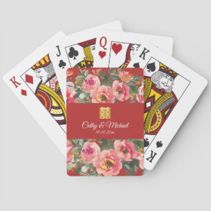 Pink flower background double happiness symbol playing cards