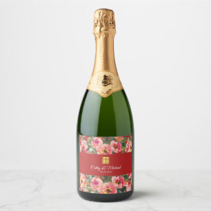Pink flower background double happiness symbol sparkling wine label