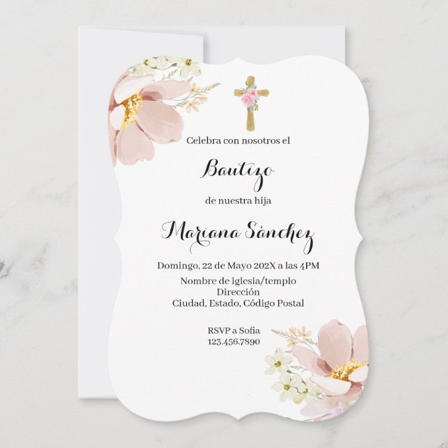 Pink flower baptism invitation for girl (Front)