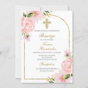 Pink Flower Baptism Spanish Invitation