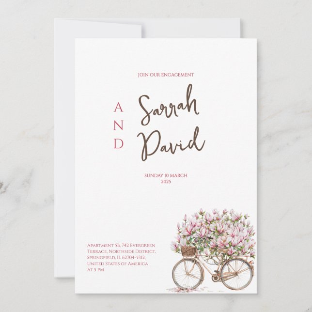 Pink flower bicycle engagement party invitations (Front)