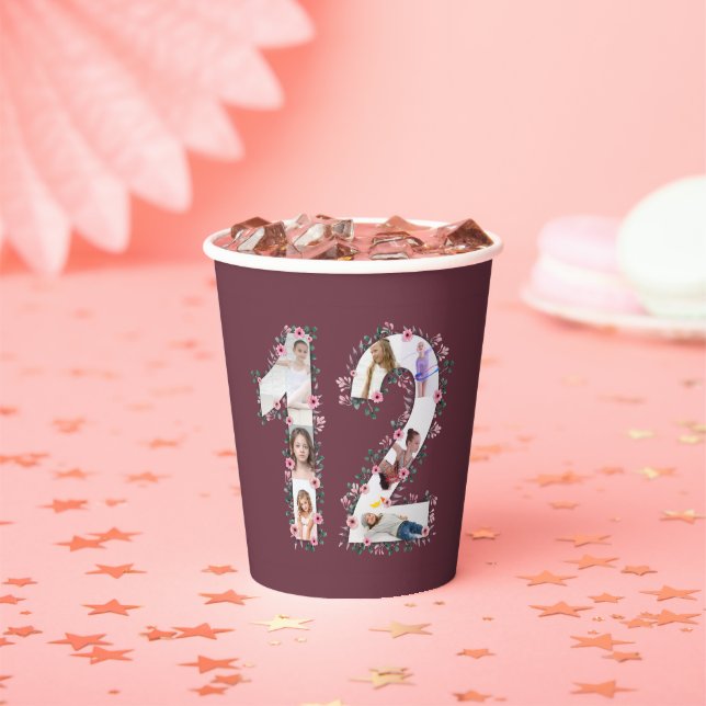 Pink Flower Big 12th Birthday Girl Photo Collage Paper Cups (Insitu)